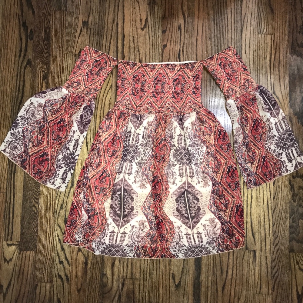 Brown print ruffle dress with peasant sleeves boho